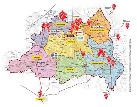 Mapa powiatu piaseczyńskiego z zaznaczonymi miejscami pożarów