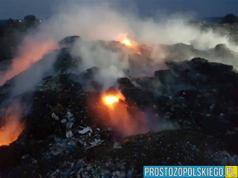 Zdjęcie z lotu ptaka przedstawiające rozległy pożar wysypiska śmieci z gęstym dymem