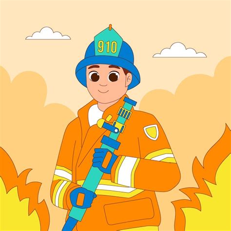 ilustracja przedstawiająca Strażaka Sama w jego charakterystycznym stroju na tle miasteczka Pontypandy
