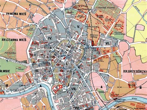 Mapa historyczna Krakowa z zaznaczonymi obszarami zniszczonymi przez pożary
