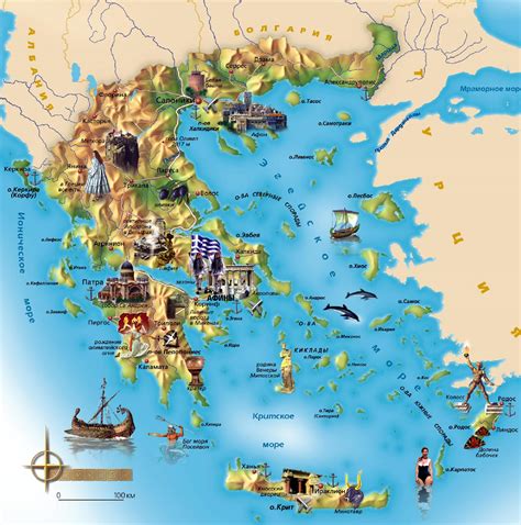 Mapa Grecji z zaznaczonymi atrakcjami turystycznymi: Saloniki, Ateny, Meteory, Delfy, Skiathos