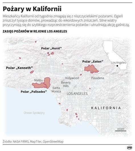 Mapa zniszczeń w hrabstwie Los Angeles