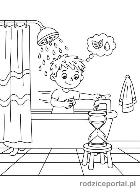 ilustracja przedstawiająca dziecko biorące krótki, letni prysznic