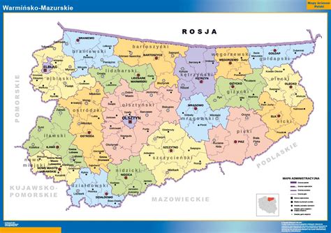 Mapa województwa warmińsko-mazurskiego z zaznaczonymi lokalizacjami jednostek OSP otrzymujących dofinansowanie