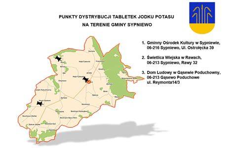 Mapa powiatu myślenickiego z zaznaczonymi lokalizacjami punktów dystrybucji jodku potasu