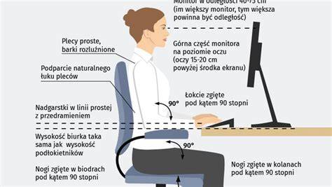 Infografika: Zasady ergonomii w pracy, przedstawiająca interakcję człowiek-maszyna-środowisko