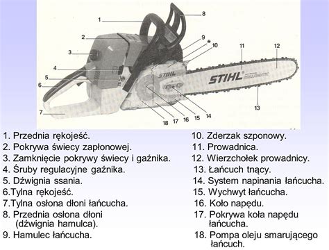 Schemat budowy pilarki spalinowej z opisem kluczowych elementów