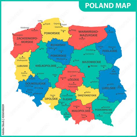 Historyczna mapa Polski z zaznaczonymi miastami i regionami
