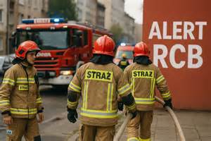 strażak OSP z radiotelefonem podczas akcji ratowniczej