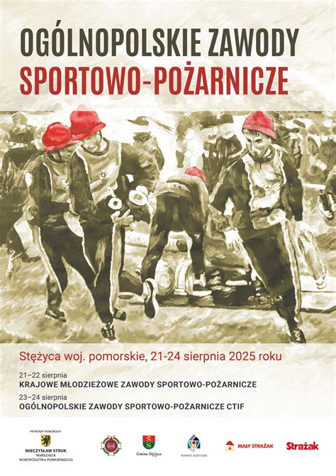 infografika przedstawiająca typowe konkurencje w zawodach strażackich (ćwiczenie bojowe, sztafeta)