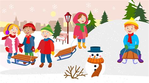 ilustracja zimy z płatkami śniegu i uśmiechniętymi dziećmi