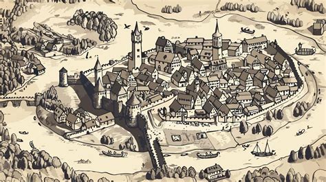 Historical map or illustration of Pszczew's medieval layout with lakes