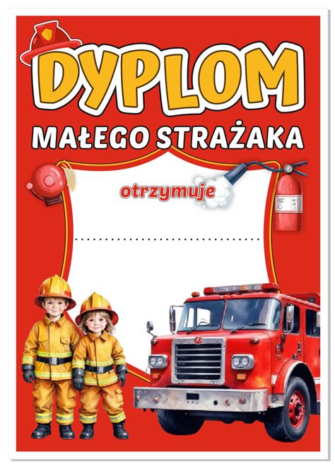 Dyplom dla Małego Strażaka - wizualizacja gotowego dyplomu z grafikami strażackimi