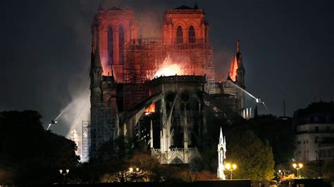 The Notre Dame Cathedral on fire in Paris