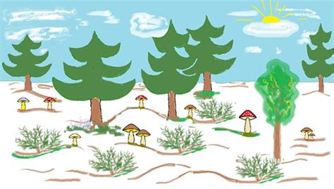 ilustracja przedstawiająca krajobraz leśny z widocznym pożarem w tle