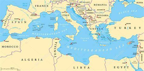 mapa basenu Morza Śródziemnego z zaznaczonymi lokalizacjami siedmiu cudów świata starożytnego