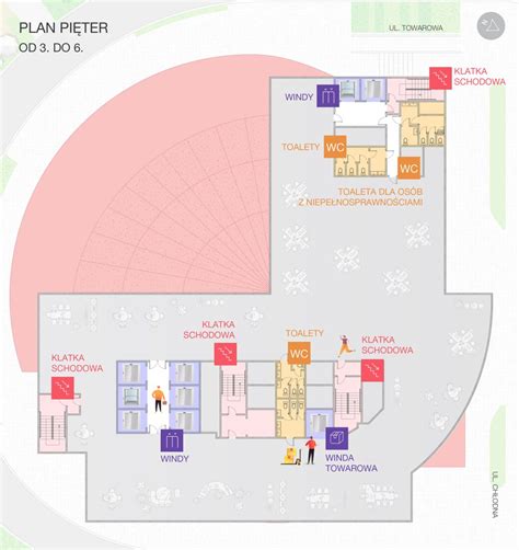 Infografika: Plan pięter The Warsaw Hub z zaznaczeniem różnorodnych funkcji