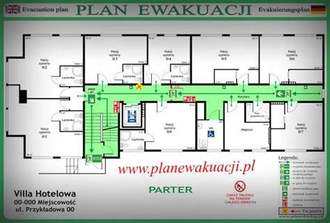 Infografika przedstawiająca schemat ewakuacji z zadymionego budynku