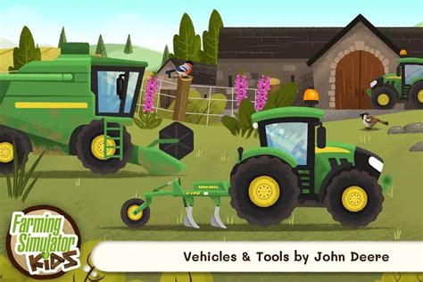 Zrzut ekranu z Farming Simulator Kids przedstawiający radosne dzieci i maszyny rolnicze John Deere