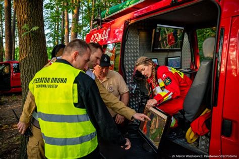 Grupa poszukiwawcza strażaków w terenie leśnym