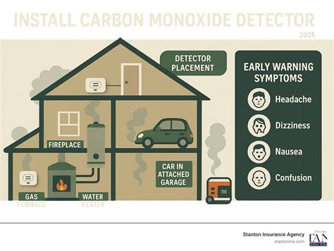 Infographic showing optimal placement of smoke and carbon monoxide detectors in a house.