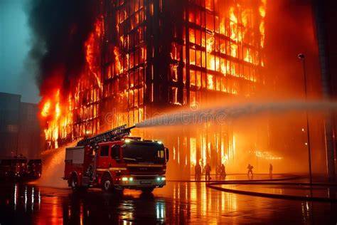 Thematic photo of firefighters extinguishing a large fire in an urban area at night
