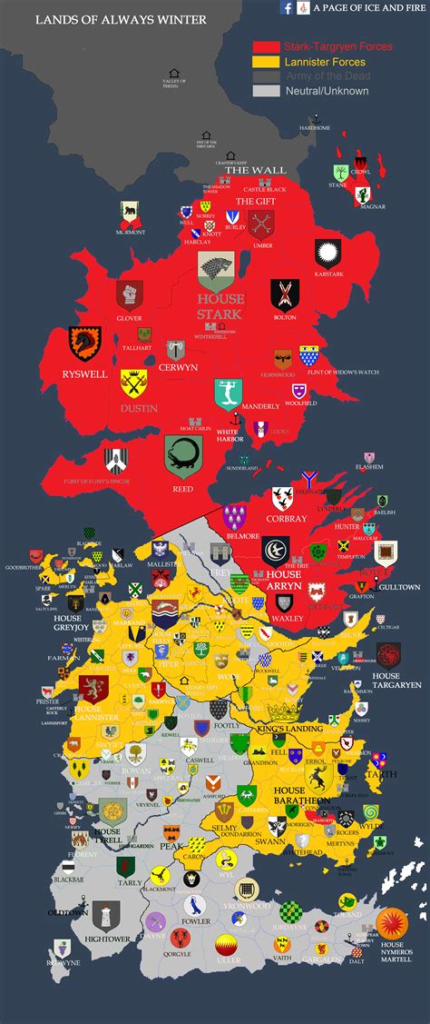Mapa Westeros z zaznaczonymi kluczowymi lokacjami: Summerhall, Winterfell, Mur.