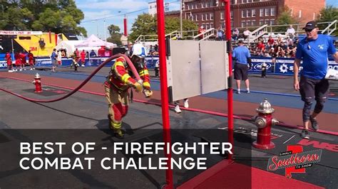 Thematic photo of firefighters competing in Fire Combat Challenge, dynamic action