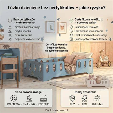 Infografika przedstawiająca oznaczenia norm i certyfikatów na linkach bezpieczeństwa