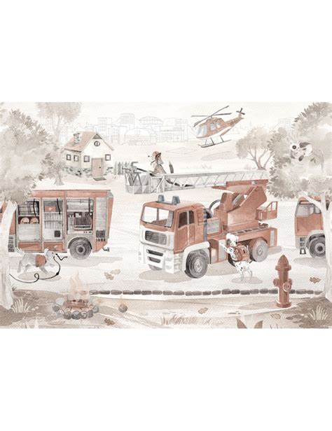 Ilustracja przedstawiająca grupę dzieci kolorujących obrazki z wozem strażackim i strażakami.