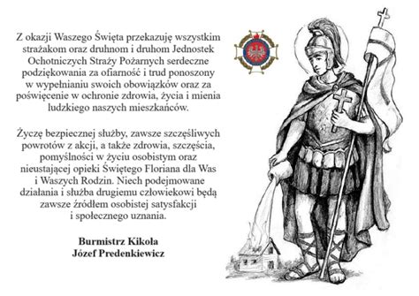 Ilustracja przedstawiająca św. Floriana z wiadrem wody, patrona strażaków.