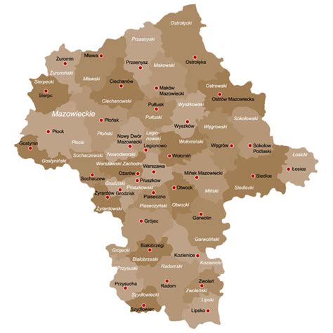 Mapa województwa mazowieckiego z zaznaczonymi lokalizacjami jednostek OSP, które otrzymały dofinansowanie