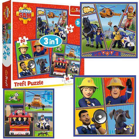 Zestaw puzzli Ravensburger 3w1 Strażak Sam w opakowaniu z widocznymi obrazkami do ułożenia