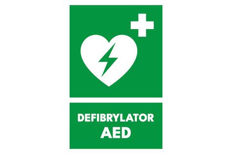 Znak AED defibrylator na zielonym tle