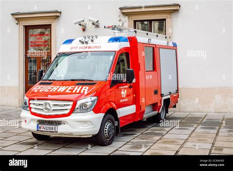 Thematic photo of a Mercedes-Benz Sprinter fire truck in an old town street