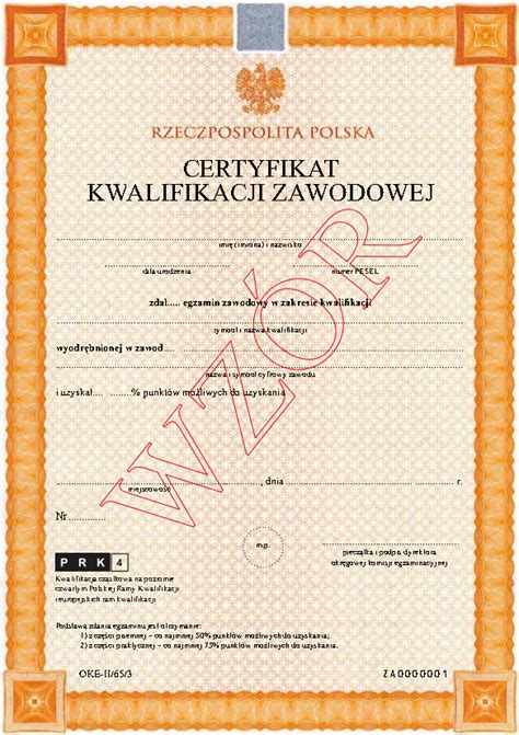Wzór certyfikatu kwalifikacji zawodowej dla technika pożarnictwa