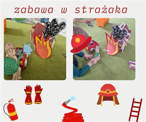 Praca plastyczna przedstawiająca strażaków z hełmami, trzymających węże strażackie, z elementami wody rozdmuchiwanej słomką.