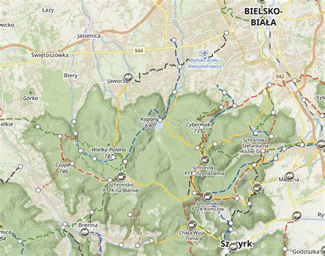 Zdjęcie satelitarne lub mapa Beskidu Śląskiego z zaznaczeniem Baraniej Góry