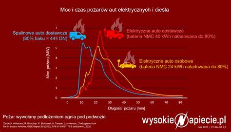 Zdjęcie dwóch płonących samochodów (spalinowego i elektrycznego) z akcji gaśniczej