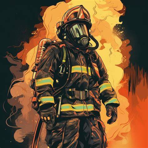 Dynamiczna ilustracja wektorowa strażaka w pełnym biegu z kaskiem