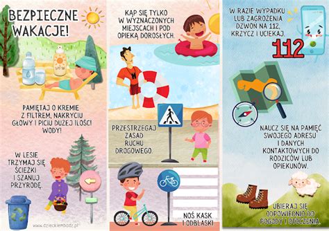 Grafika przedstawiająca zasady bezpieczeństwa dla dzieci podczas wakacji i numery alarmowe