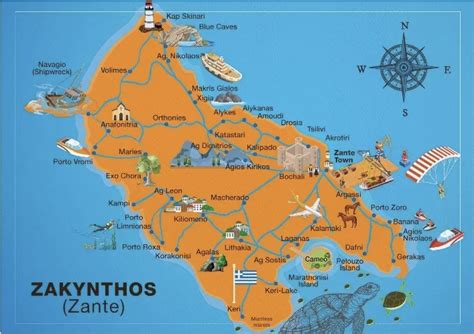 Mapa południowej części wyspy Zakynthos z zaznaczonymi obszarami objętymi pożarem w okolicach wiosek Keri i Agalas