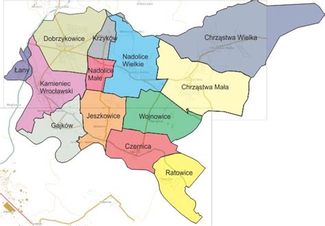Mapa gminy Czernica z zaznaczonymi Nadolicami Wielkimi
