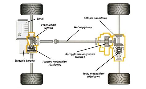 Schematyczny przekrój podwozia Kamaz 43118 z zaznaczonymi elementami układu napędowego i zawieszenia