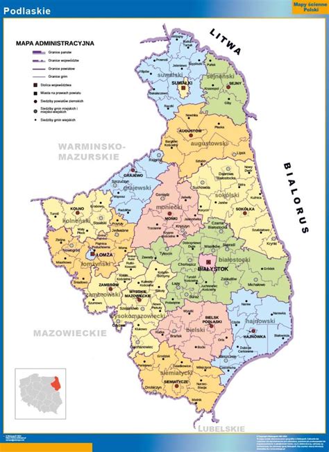 Mapa województwa podlaskiego z zaznaczonymi rejonami o największym natężeniu interwencji straży pożarnej