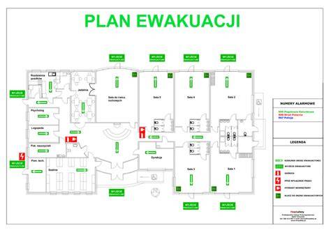 Plan ewakuacji budynku szkoły z oznaczonymi drogami i miejscem zbiórki