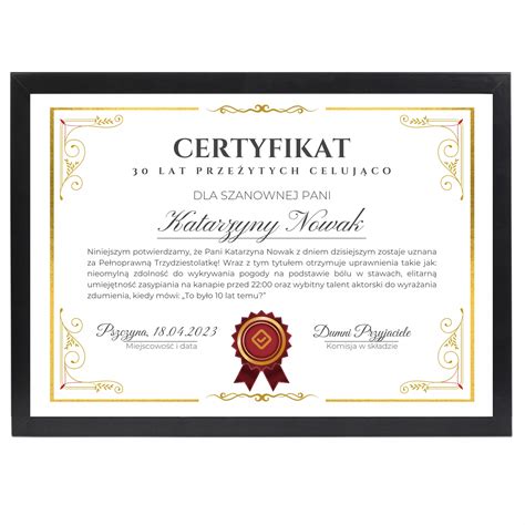 Elegancki, spersonalizowany certyfikat w ramie