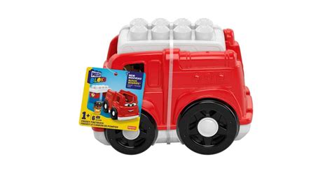 Infografika przedstawiająca wóz strażacki Freddy Mega Bloks First Builders z ruchomą drabiną i otwartym schowkiem na klocki