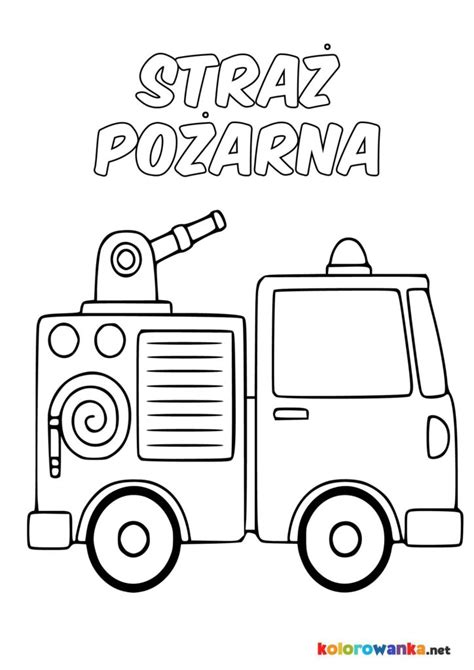 Zestaw ilustracji przedstawiających strażaka w pełnym umundurowaniu, wóz strażacki oraz podstawowy sprzęt ratowniczy do druku