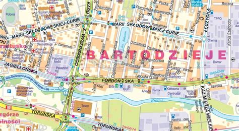 schematyczny plan Bydgoszczy z zaznaczonymi miejscami pożarów